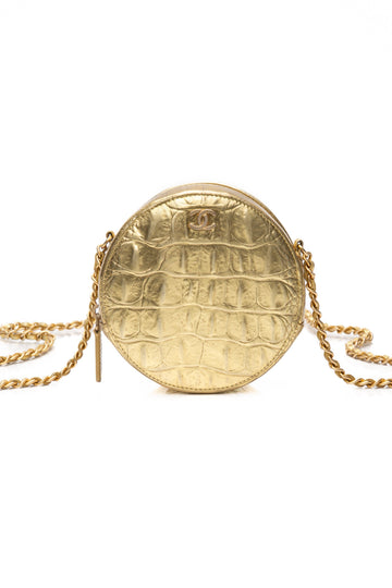 CHANEL Gold Metallic Crocodile EmboESed Round Clutch with Chain