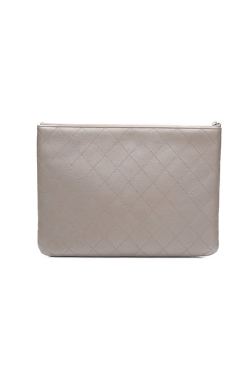CHANEL Grey Metallic Calfskin Quilted O Case Clutch