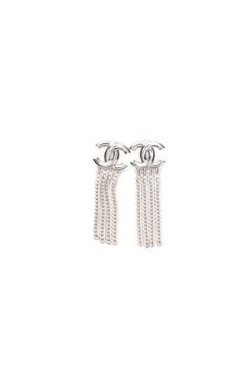 CHANEL CC Silver Chain Fringe Earrings