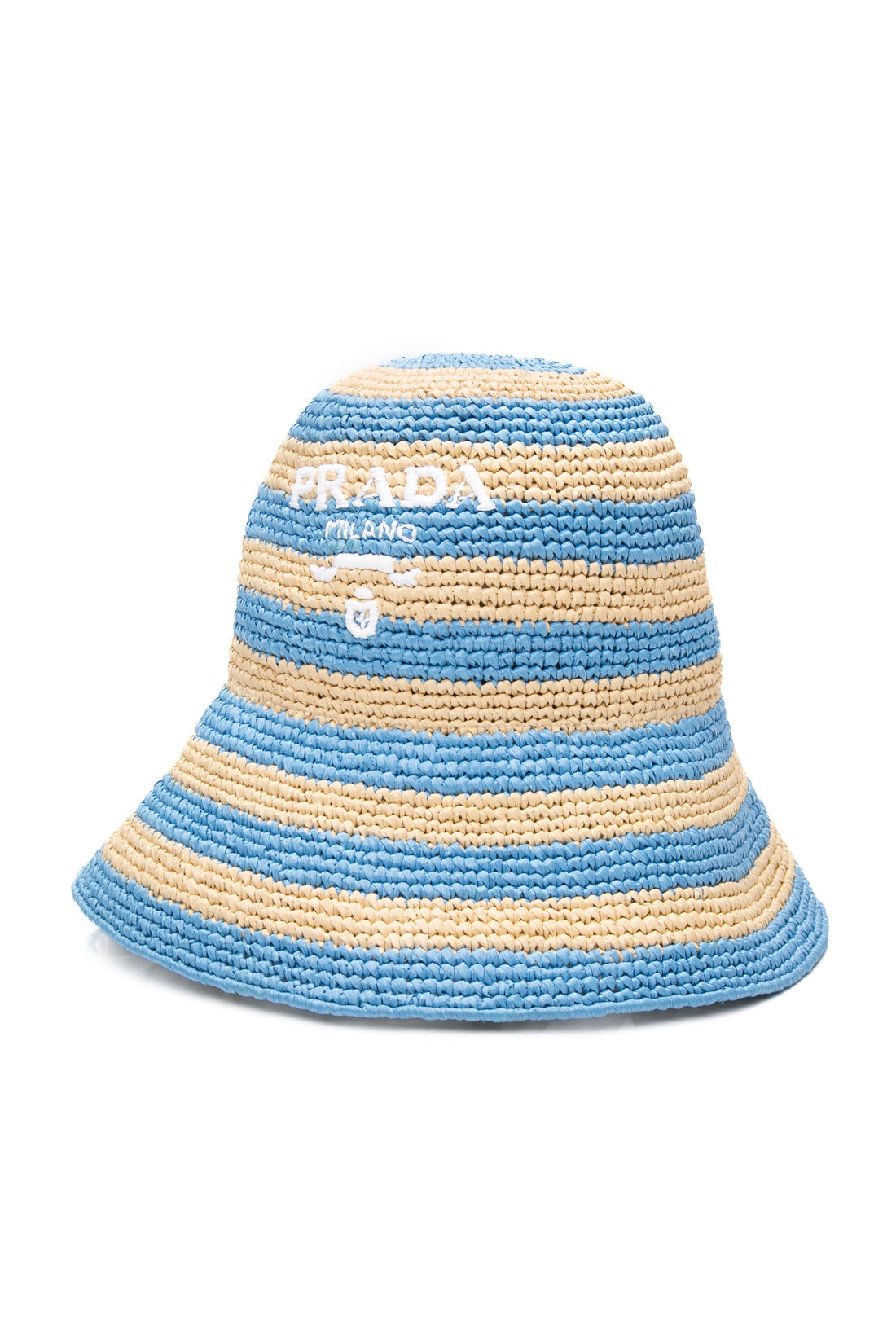 PRADA Blue Logo Embroidered Crochet Bucket Hat (New)