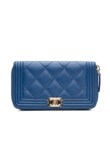 CHANEL Medium Blue Caviar Quilted Zip Around Boy Wallet