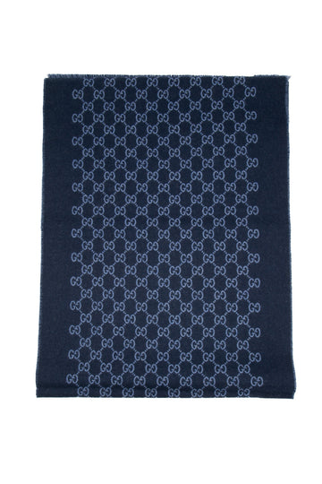GUCCI Sky Blue GG Monogram Sogi Fringe Wool Scarf (New)
