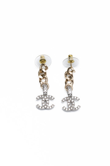 CHANEL 22S CC Gold Silver & Crystal Drop Earrings