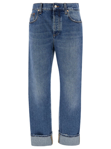Gucci Women '90'S' Light Blue Jeans With Horsebit Detail And Turn-Up Hem In Cotton Denim Woman