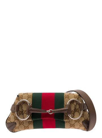 Gucci Women 'Small Gucci Horsebit' Beige Shoulder Bag With Maxi Horsebit And Web Detail In Gg Supreme Canvas Woman