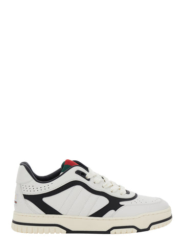Gucci Women 'Reweb' Black And White Low Top Sneakers With Web Detail On The Tongue And Logo Patch On The Rear In Leather And Fabric Woman