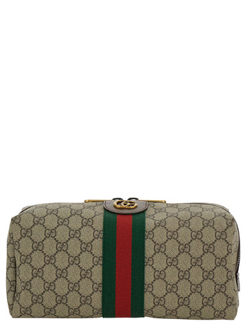 Gucci Men Beige And Ebony Beauty Case With Web Detail And Logo Detail In Gg Supreme Canvas Man