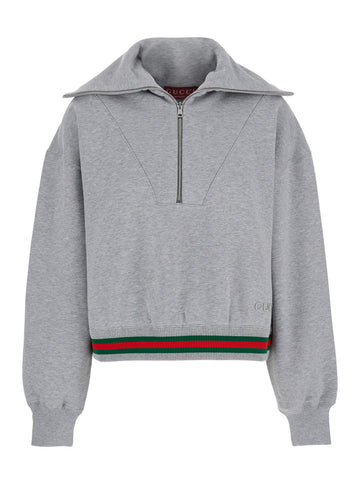Gucci Women Grey Sweatshirt With Half Zip Closure And Web Detail On The Waist In Jersey Woman
