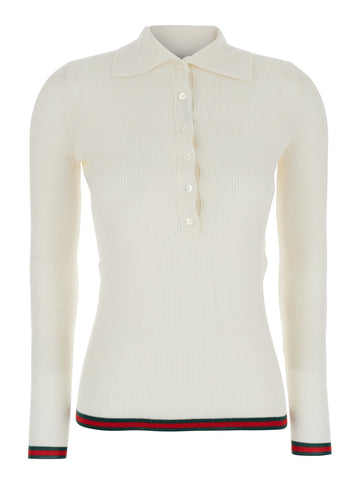 Gucci Women White Polo Shirt With Spread Collar And Web Detailed Trims In Cashmere And Silk Blend Woman