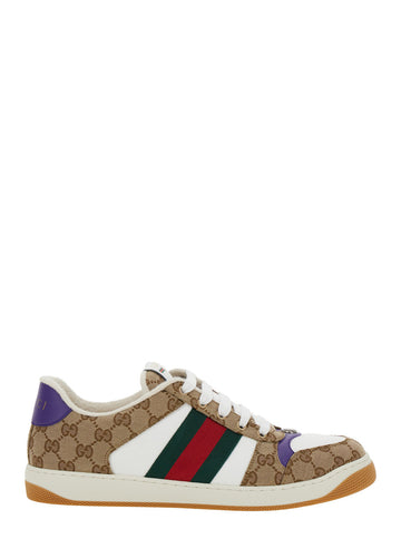 Gucci Men 'Screener' Beige Low Top Sneakers With Web Detail And All-Over Gg Motif In Leather Man