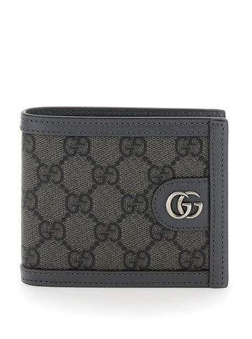Gucci Men Grey Wallet With Gg Supreme Motif And Metallic Double G Logo In Fabric And Leather Man