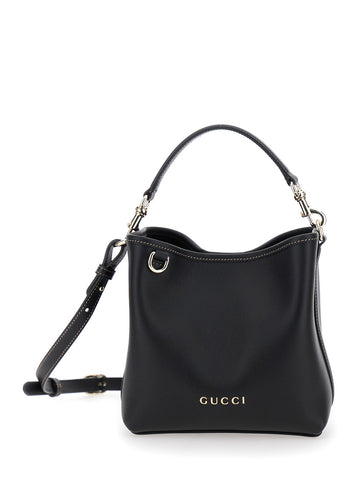 Gucci Women 'Gg Emblem' Black Bucket Bag With Metallic Logo Lettering On The Front In Leather Woman