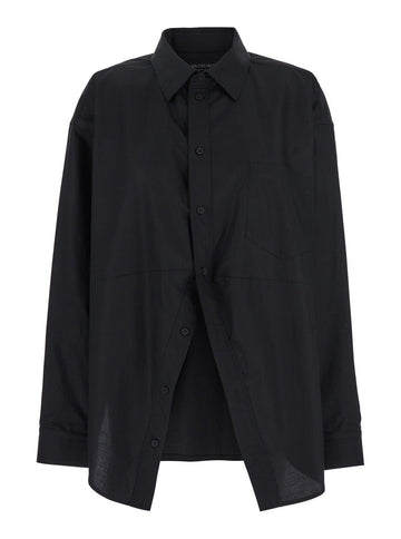 Balenciaga Women Black Shirt With Pointed Collar And Front Slit In Cotton Woman