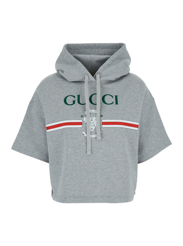 Gucci Women Grey Crop Sweatshirt With Hood And Lettering Logo Printed On The Front In Cotton Woman