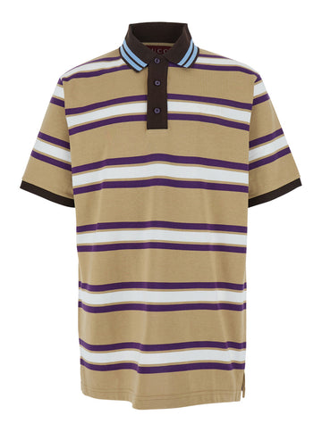Gucci Men Beige Polo Shirt With Logo Imprinted On The Front And All-Over Striped Motif In Cotton Man