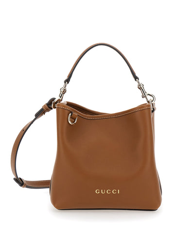 Gucci Women 'Gg Emblem' Brown Bucket Bag With Metallic Logo Lettering On The Front In Leather Woman