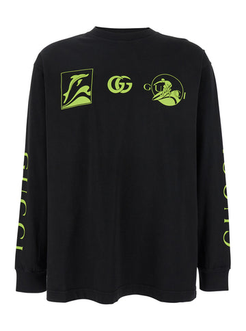 Gucci Men Black Crewneck T-Shirt With All-Over Prints And Maxi Logo Lettering On The Sleeves In Cotton Man