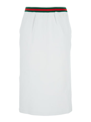 Gucci Women White Skirt With Web Detail On The Waist And Logo Lettering Embroidery On The Front In Cotton Woman