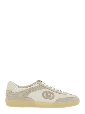 Gucci Men 'G74' Beige Low Top Sneakers With Logo Patch On The Side And Logo Lettering On The Tongue In Suede Man
