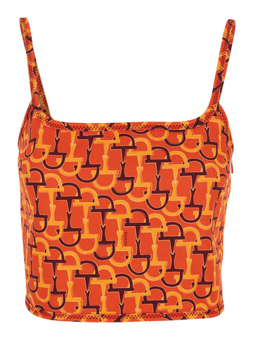 Gucci Women Orange Top With Spaghetti Straps And All-Over Horsebit Print In Cotton Woman