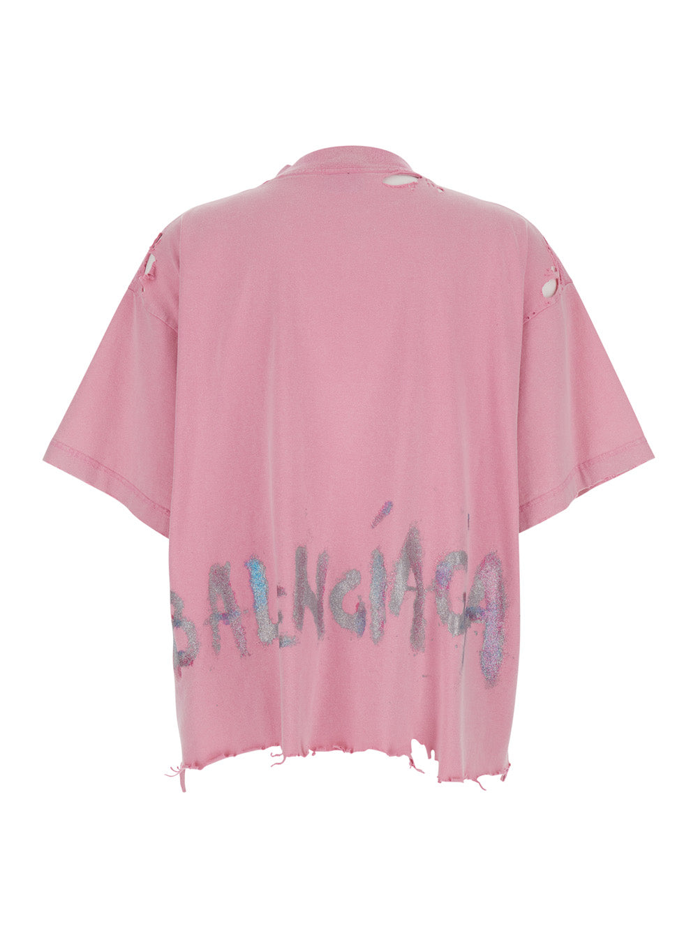 Balenciaga Women Pink T-Shirt With Round Neck Logo On The Front And Back And Distressed Details In Cotton Woman