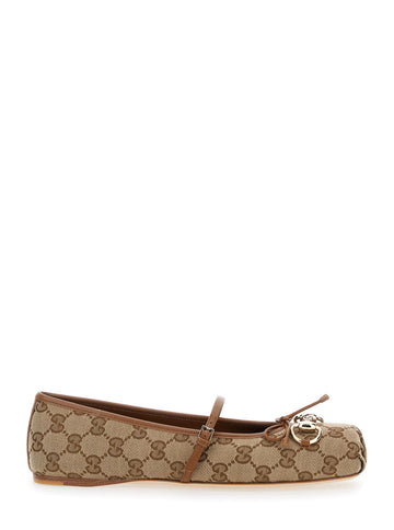 Gucci Women Brown Ballet Shoes With Horsebit And Bow On The Front In Gg Canvas Woman