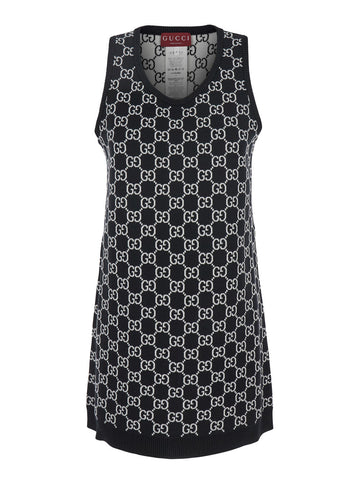 Gucci Women Black Sleeveless Mini Dress With Round Neck In Gg Canvas Woman