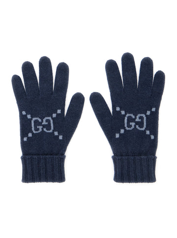 Gucci Women Blue Gloves With Gg Logo Detail On The Front In Cashmere Woman