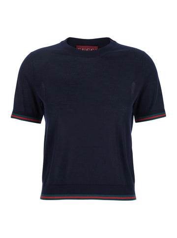 Gucci Women Blue T-Shirt With Web Detail On The Edges In Cashmere And Silk Blend Woman