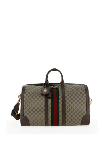Gucci Men 'Gucci Savoy Big' Beige And Ebony Travel Duffle Bag With Web Detail In Gg Supreme Canvas Man