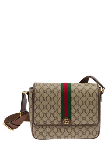 Gucci Men 'Ophidia' Beige And Ebony Crossbody Bag With Web Detail In Gg Supreme Canvas Man