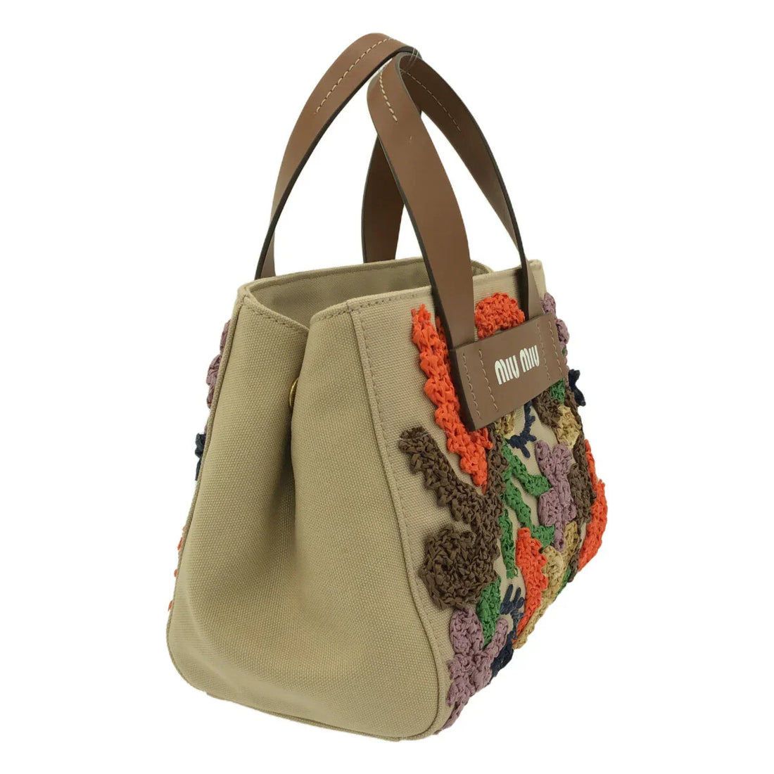 MIUMIU - Tote Bag Beige Orange Multi Canvas Chemical Fiber Leather