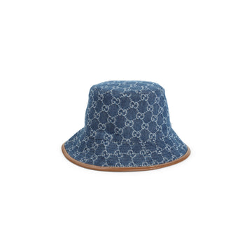 GUCCI Denim Bucket Hat with GG Embroidery and Leather Edges