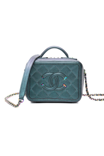CHANEL Dark Turquoise Iridescent Caviar Quilted Mini CC Filigree Vanity Case