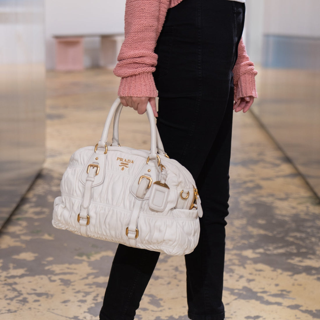 Prada Taupe Gaufre Pleated Two-Way Satchel Tote Bag TWS