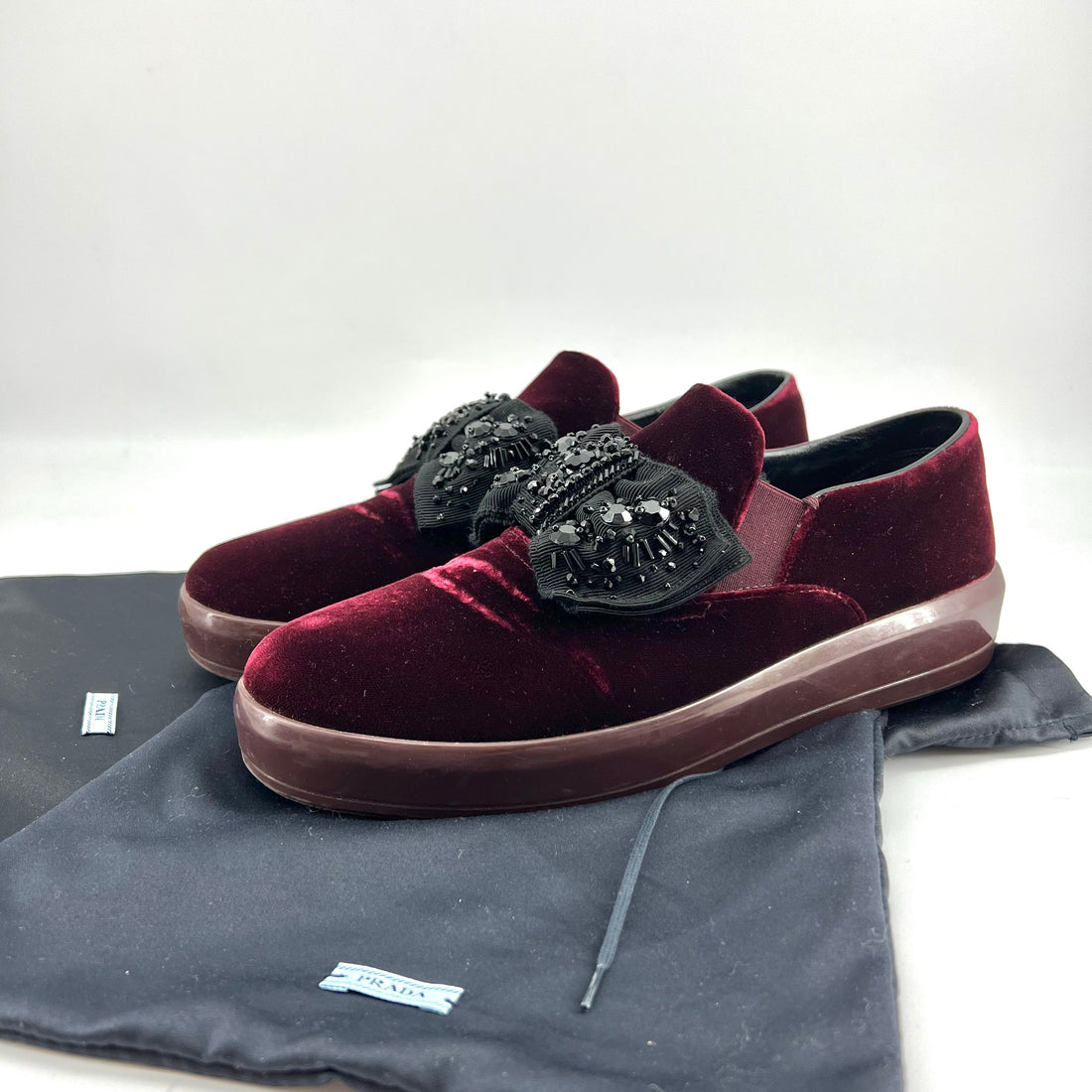 Prada Red Velvet Crystal Embellished Bow Slip On Sneakers