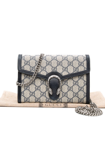 GUCCI Beige Blue GG Supreme Monogram Textured Dollar Calfskin Mini Dionysus Wallet on Chain