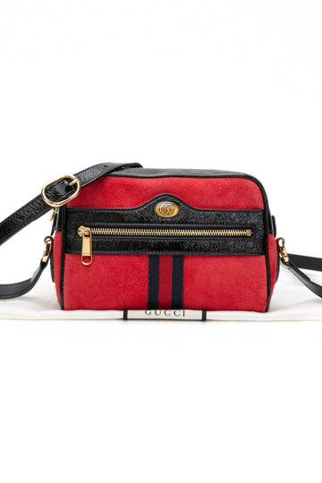 GUCCI Red Suede Patent Web Mini Ophidia Shoulder Bag