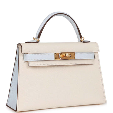 Hermès Special Order (HSS) Kelly 20 Nata and Bleu Brume Chevre Gold Hardware