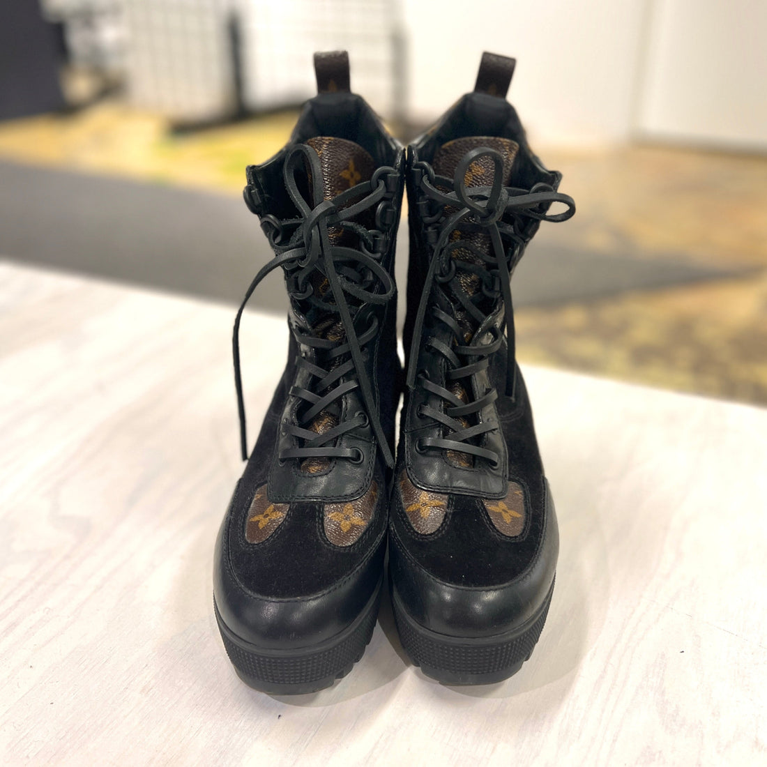 Louis Vuitton Black Suede combat boots