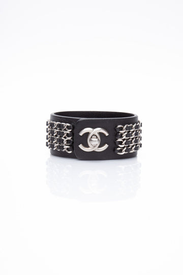 CHANEL CC Black Leather and Chain Bracelet