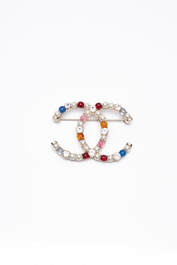 CHANEL Multicolor Gold Pearl crystal CC Brooch
