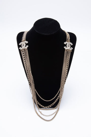 CHANEL Multi Strand Crystal Gold CC Logo Long NSSklace