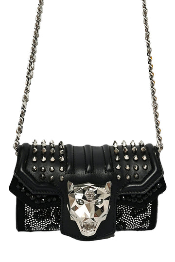 Philipp Plein Black Leather Crystal Embellished CroESbody