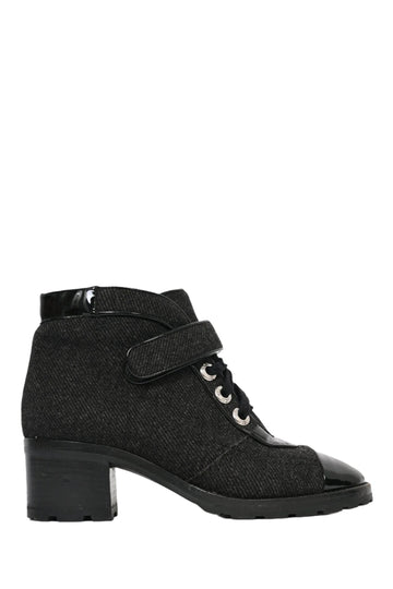 Chanel™ Black Patent Leather/Tweed Cap Toe Ankle Boots Size 36.5