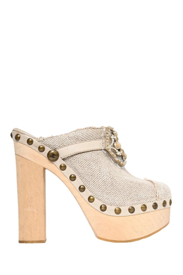 Chanel™ Beige Raffia Canvas Embellished Buckle Platform Clogs Size 38.5