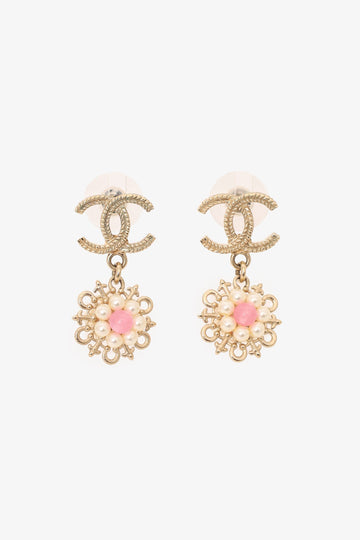 Chanel™ 2016 Gold-Tone/Pink CC Flower Drop Earrings