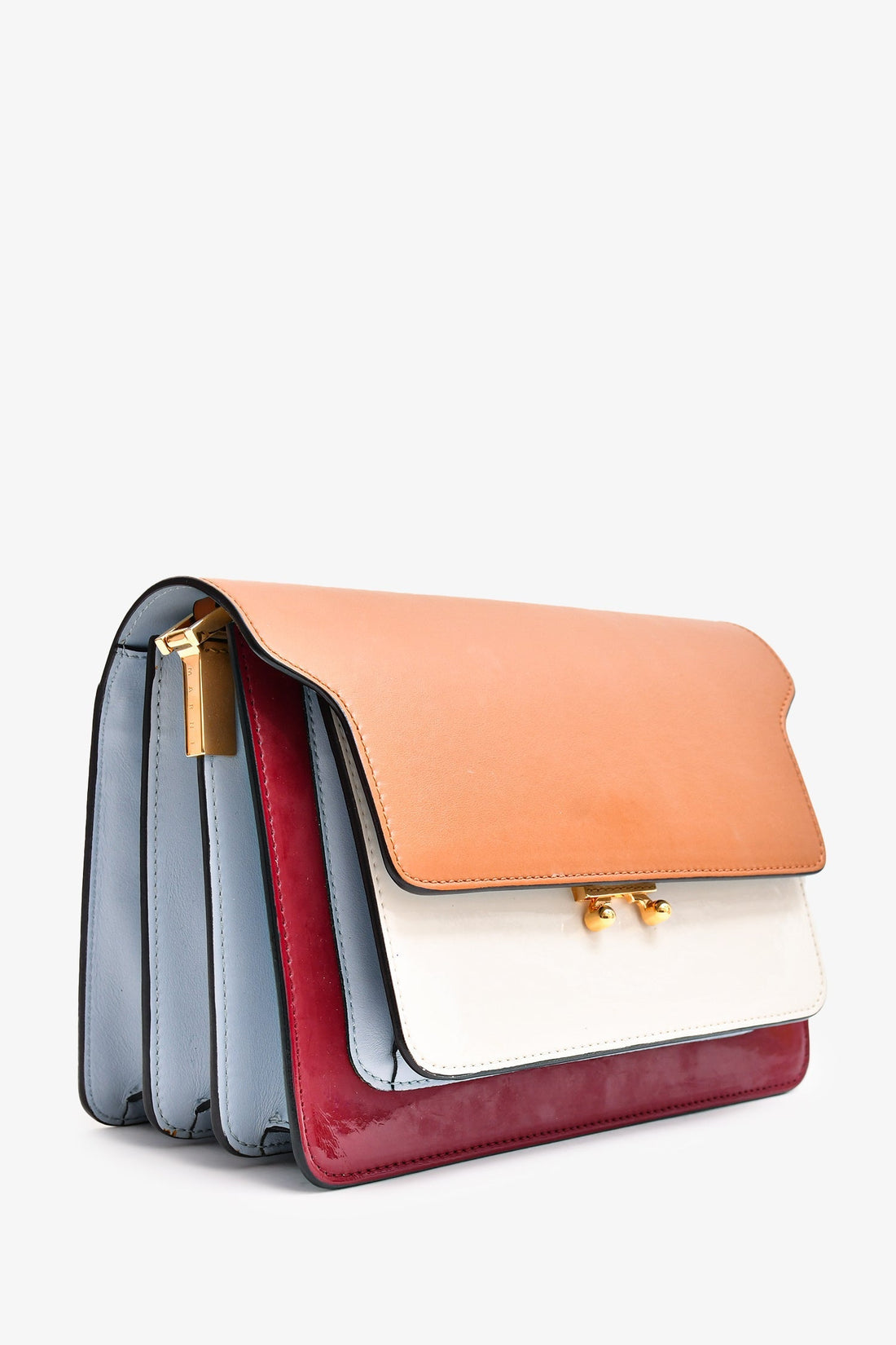 Marni Brown/White/Burgundy Leather/Patent Trunk Bag With Strap (As Is)