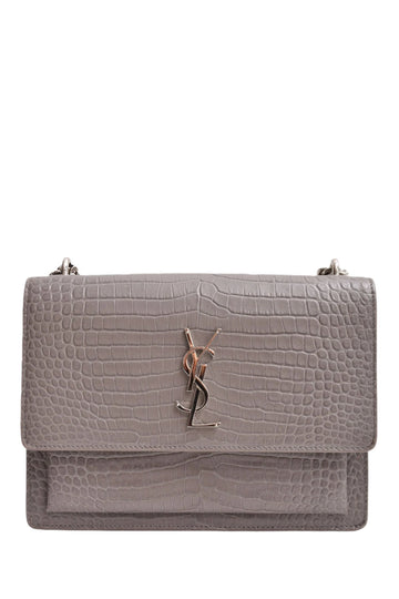 Saint Laurent 2016 Grey Croc EmboESed Medium Sunset Chain Bag