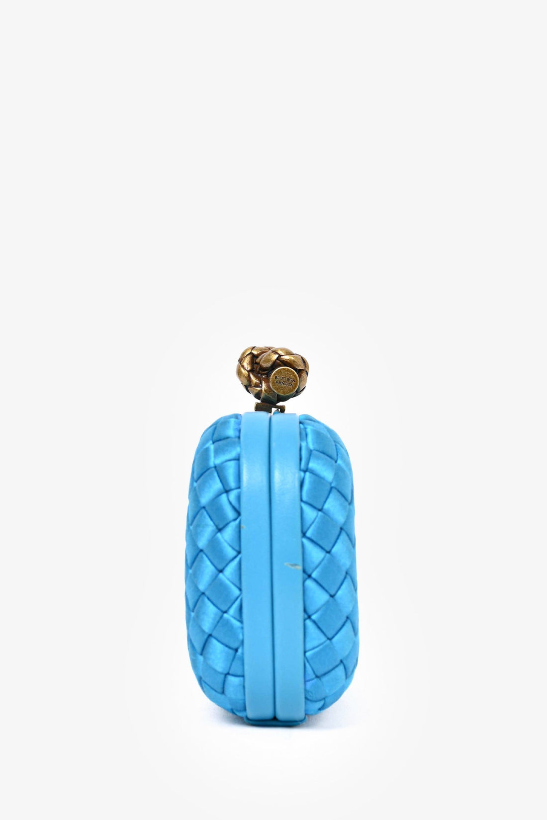 Bottega Veneta Blue IntrESciato Woven Satin Knot Clutch